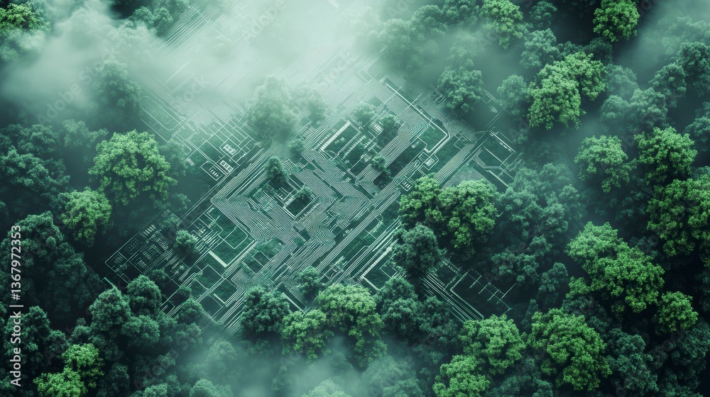 Aufkleber aerial view of a futuristic, geometric structure nestled within a lush, misty forest.
