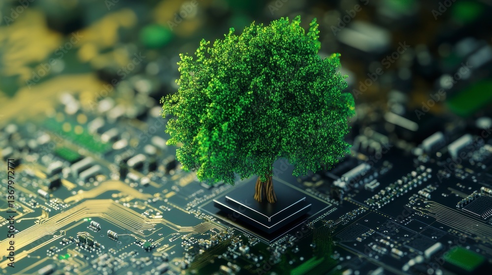 Poster lush green tree growing from a computer circuit board, symbolizing sustainable technology. (2)