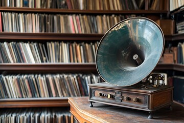 Antique Gramophone with Large Horn in a Library Setting. A nostalgic image showcasing a vintage music player amongst shelves of books.