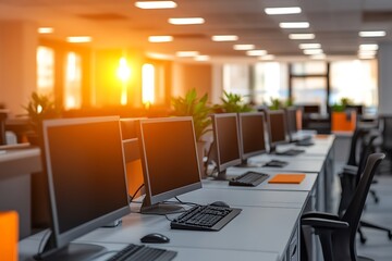 Modern Office Workspace with Computers and Desk - Sunset Light. A row of computers sits on desks in a contemporary office space, bathed in warm sunset light.