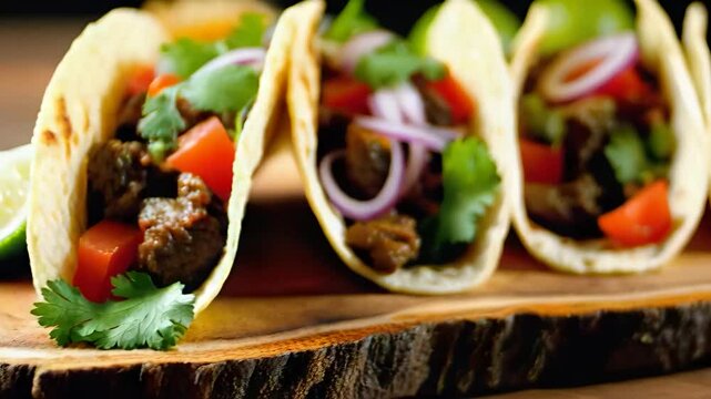 Three freshly made tacos filled with juicy marinated beef, sliced red onions, chopped tomatoes, and fresh cilantro are beautifully arranged on a rustic wooden serving board.