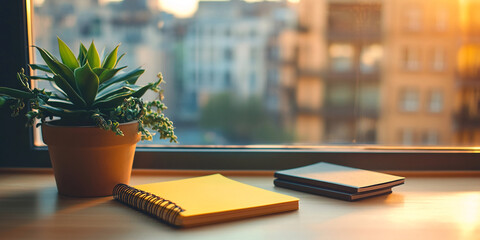 Wooden surface near window, featuring succulent in terracotta pot, yellow notepad, and black notebooks.  Showcase for minimalist workspace or calm atmosphere.