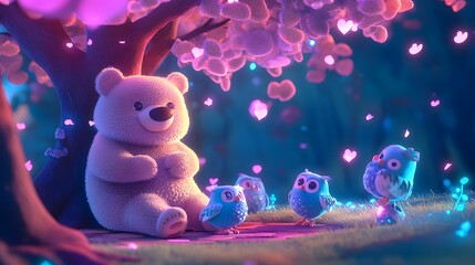 Fototapeta premium Gentle Bear with Owl Friends in Bloom of excellence in splendor beyond compare with grace in style