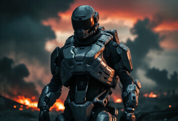 Obraz premium A lone futuristic soldier emerges from the flames, standing tall amidst the ruins of war.