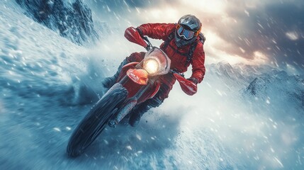 Naklejka premium Adrenaline Rush: Motorcycling Through a Snowy Mountain Pass