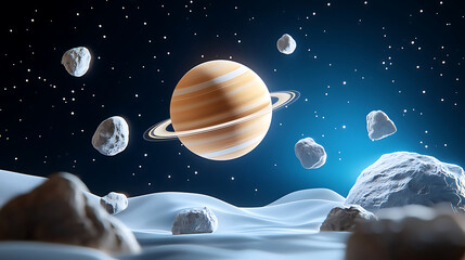 stunning depiction of planet with rings surrounded by asteroids in cosmic setting, evoking sense of wonder and exploration