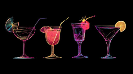 Four cocktail glasses with colorful line art and fruit garnishes on a black background design style