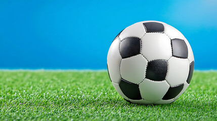 Obraz premium classic black and white soccer ball resting vibrant green grass, set against bright blue background, evokes sense