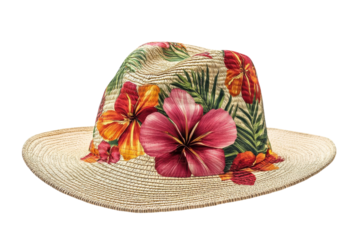 A vibrant summer straw hat adorned with a lush tropical hibiscus floral print, promising sunny days and exotic adventures with a beige straw body and wide brim.