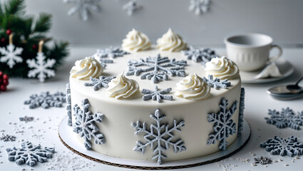 White Christmas cake decorated with intricate snowflake designs and creamy swirls on a white plate with holiday decorations and a winter theme in the background