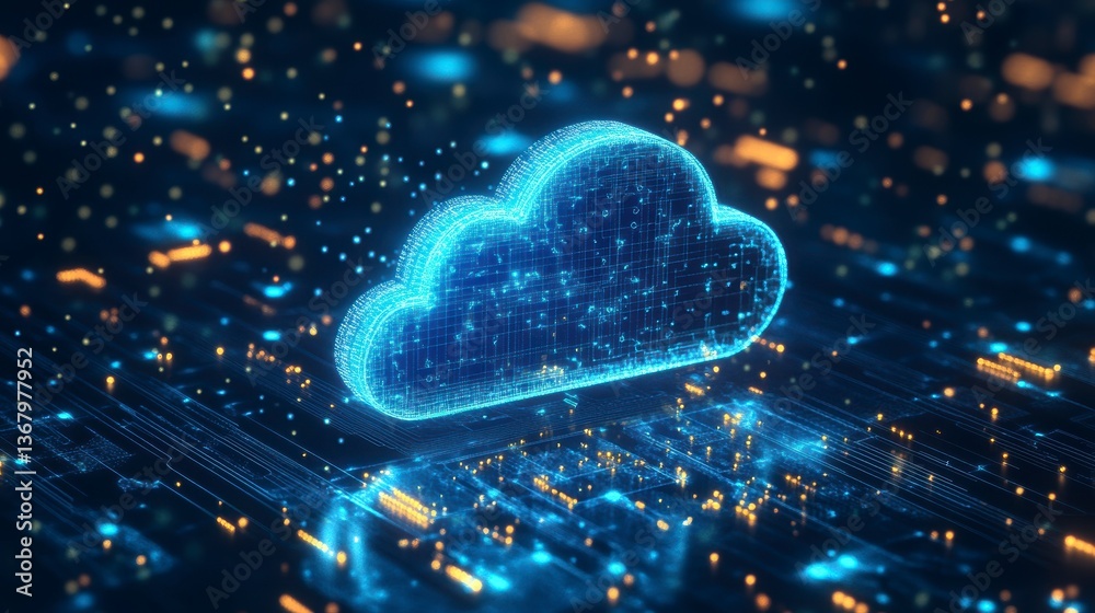 Fototapete Glowing digital cloud icon hovers over a circuit board, representing cloud computing and data storage.