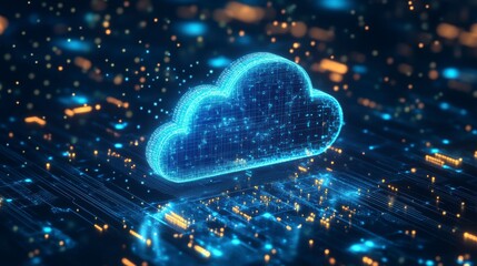 Glowing digital cloud icon hovers over a circuit board, representing cloud computing and data storage.