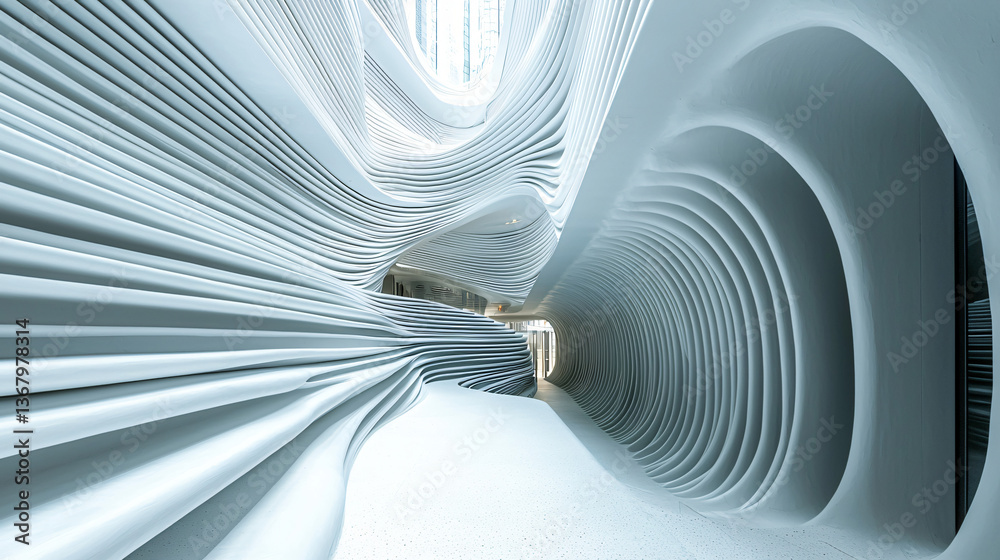 Poster a unique tunnel featuring a clock showcasing a blend of angular lines and fluid organic curves layer