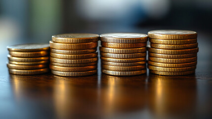 Stacked coins on a table with blank space symbolizing investment, housing loans, expense management, and tax payments, reflecting financial planning and modern economic decisions