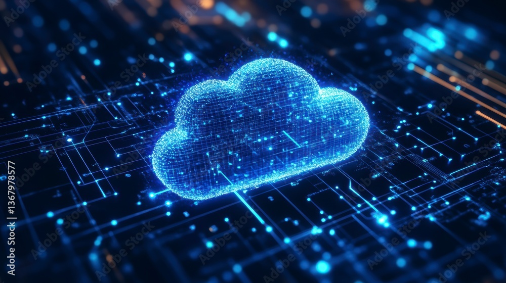 Poster glowing cloud data symbol on digital circuit board.