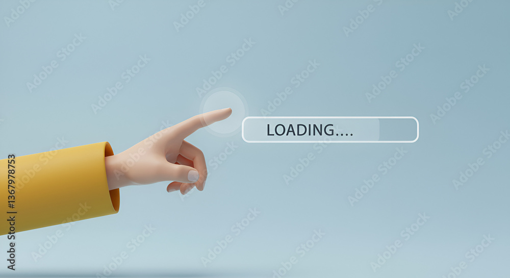 Poster hand pointing loading bar on light blue background demonstrating digital progress concept and file t