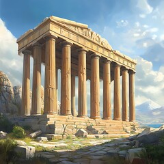Fototapeta premium Classical architecture ruins surrounded by trees and vast Greek landscapes
