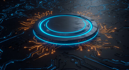 Illuminated Central Processing Unit on a Dark Motherboard with Orange and Blue Light Emitting from the Component in Detailed 3D Render