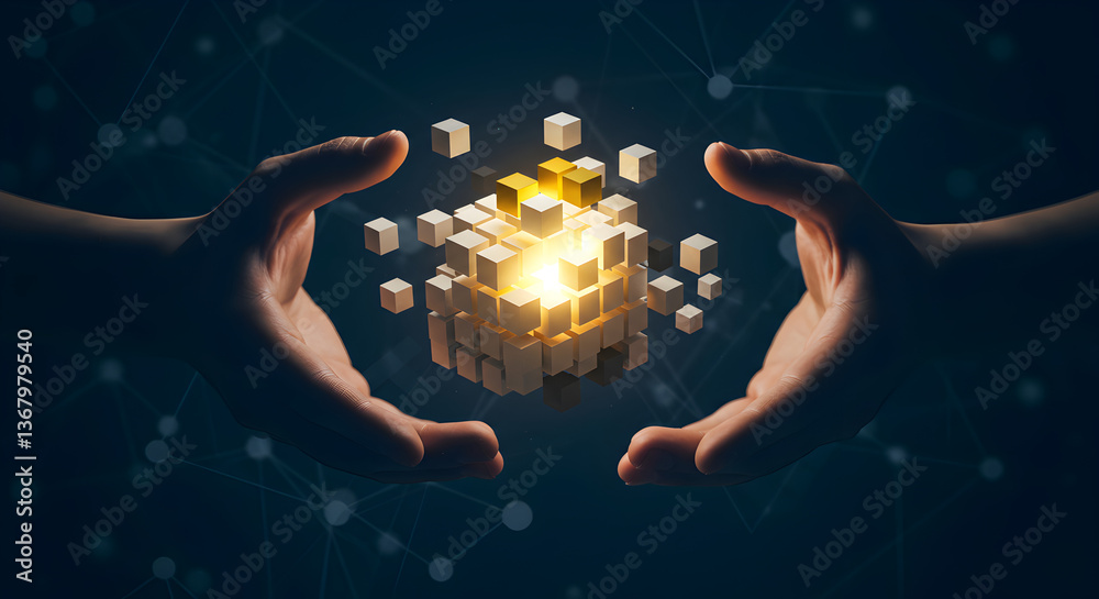 Poster illuminated cube of blocks held by two hands on abstract dotted network background