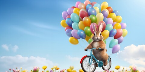 Easter bunny on a bicycle, colorful balloons, D rendering, digital art, ultra-realistic, high resolution,