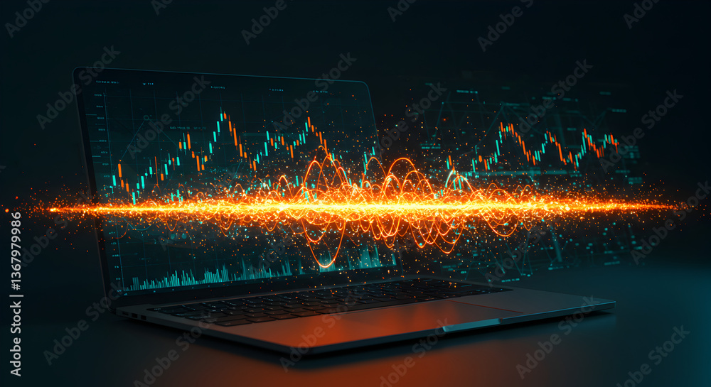 Poster laptop displaying data analysis chart with glowing orange visualizations on dark background
