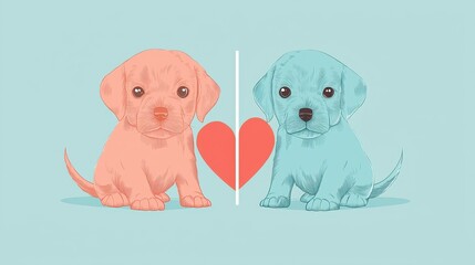 Two adorable puppies, one pink and one blue, sit beside a heart, illustrating love and companionship in a playful style.