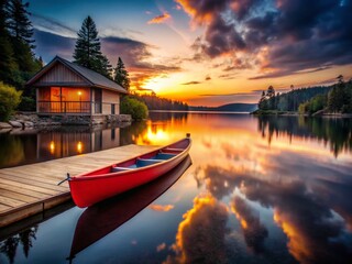 Obraz premium Red Canoe on Calm Lake at Sunset - Stunning Architectural Lakeside View