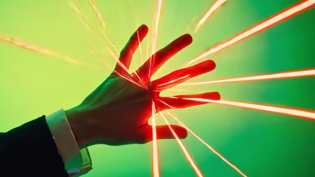 Laser Hand: A person's hand intercepts vibrant red laser beams against a vivid green backdrop, embodying technological interaction and dynamic energy.