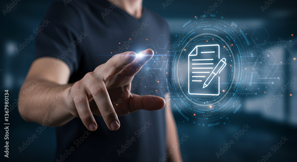 Poster man interacting with digital document interface with glowing effects in a modern dark environment fe