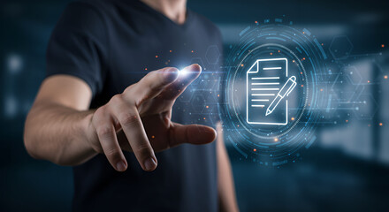 Man Interacting with Digital Document Interface with Glowing Effects in a Modern Dark Environment Featuring a Holographic Icon