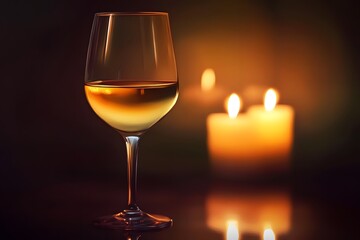 Minimalist of a single glass of wine with reflections of candlelight, representing Passover rituals, soft and warm color palette