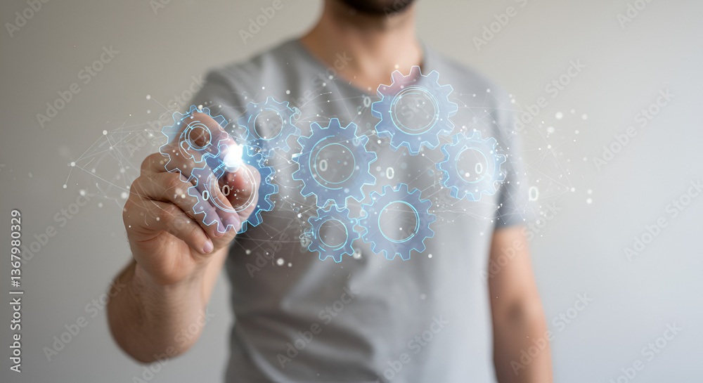 Poster man interacting with holographic gears system with engineering and technology concept in gray backgr