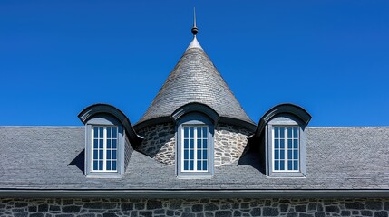 Obraz premium A charming stone building features a slate roof with unique curved windows under a clear blue sky.