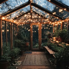 Obraz premium Illuminated Greenhouse Garden at Night