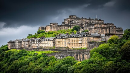 Obraz premium A majestic castle perched on a hill, surrounded by lush greenery, under a dramatic sky.