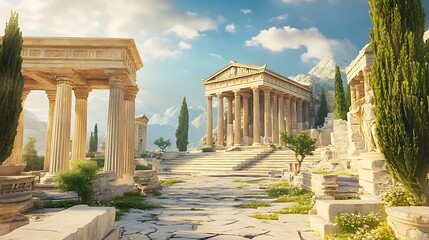 Deserted Greek ruins with towering peaks and lush greenery surrounding image