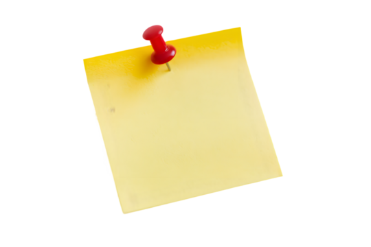 Yellow Sticky Note with Red Push Pin Isolated