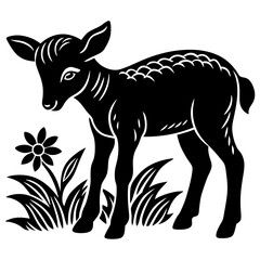 Fototapeta premium Line art vector silhouette of a small baby cow grazing in a field, representing spring