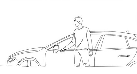 Elegant line drawing depicting a man opening a car door with minimalist aesthetic