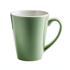Sleek pale green eco-friendly mug with heart-shaped handle and tapered design on a clean white background with ample space for text and ing