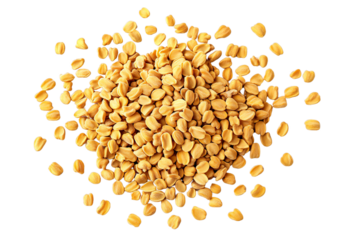 Fenugreek seeds pile close-up, isolated on transparent background