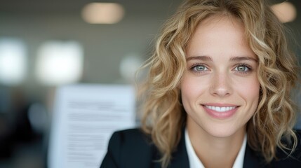 Fototapeta premium Smiling businesswoman in modern office setting