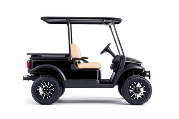 Black electric golf cart with beige seat and canopy, side view