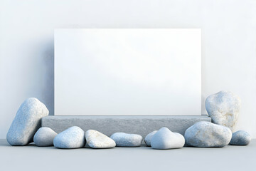Blank white card on grey stone podium with light blue pebbles