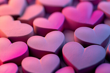 Close-up of pink and purple heart shapes, textured surface, soft lighting, creating a romantic and gentle mood, perfect for Valentine's Day