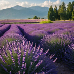 Lavender fields stretch across the landscape with rows of vibrant purple flowers beneath a clear sky. Mountains stand in the background, creating a serene and peaceful atmosphere.