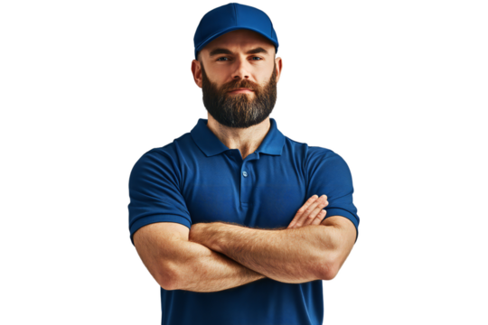 Confident delivery man with crossed arms wearing cap and polo, isolated on transparent background