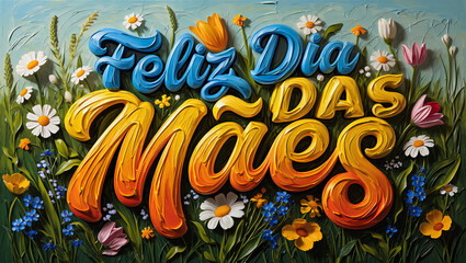 Arte digital com lettering 3D vibrante de "Feliz Dia das Mães" em tons quentes, rodeado por flores coloridas e folhagem, evocando alegria e celebração.

