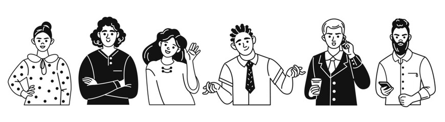 A set of vector doodle characters. Nice people, men and women. Contour linear black and white graphics