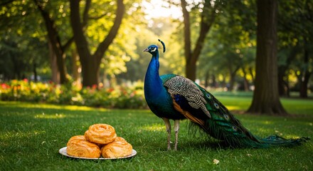 Fototapeta premium 緑豊かな公園、穏やかな光差し込む朝、孔雀と焼きたてパン 美しい構図